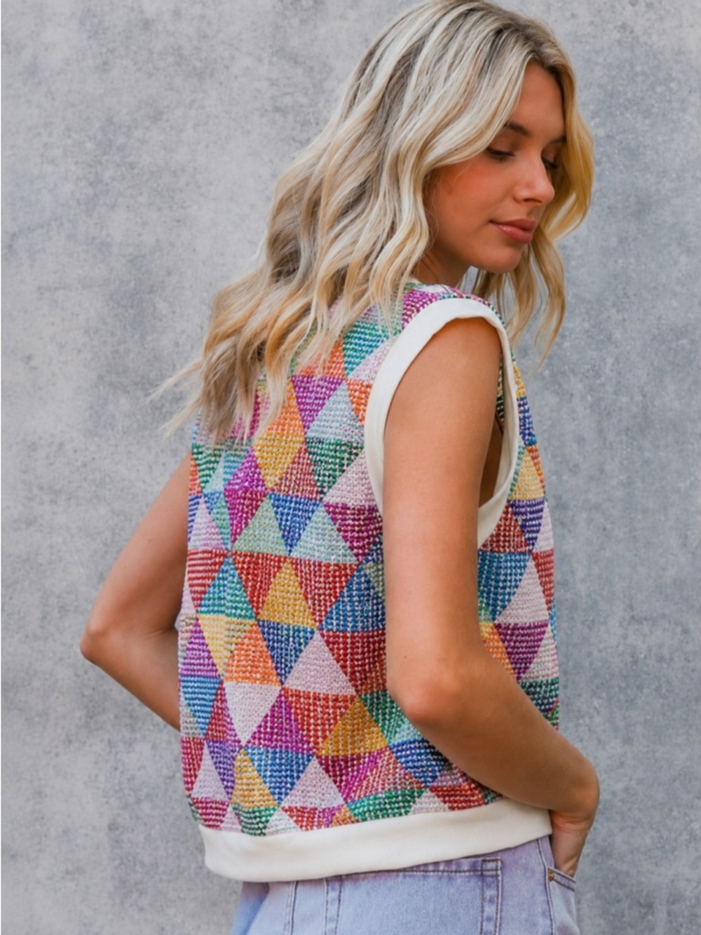 Kori Multicolor Geometric Knit Sleeveless Sweater Tank Top (308)